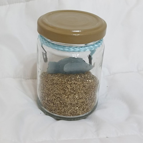 Decorative jar with candle fish and golden sand
