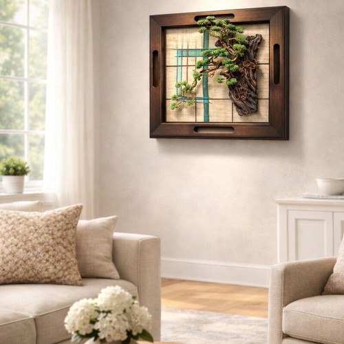 Handmade picture with bonsai tree of copper wire and wood new