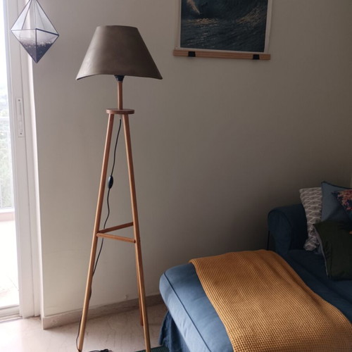 Wooden floor lamp handmade, used, minimal design with oil lampshade