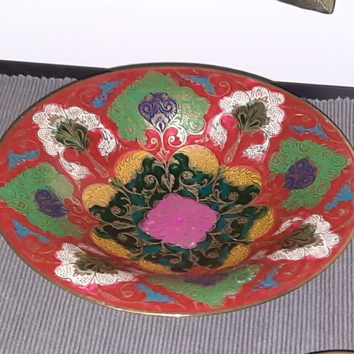 Cloisonné brass plates and bowl used, set of 3 pieces