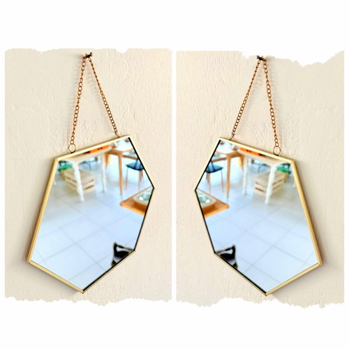 Hexagonal mirror with gold frame and chain new