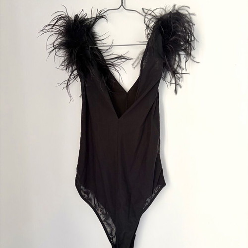 Pinko black transparent bodysuit with feathers like new, size XS