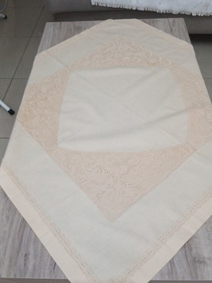 Handmade large tablecloth beige linen with crochet motifs new 97x97 cm