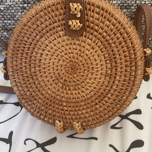 Round Bamboo Rattan Bag with Long Brown Strap