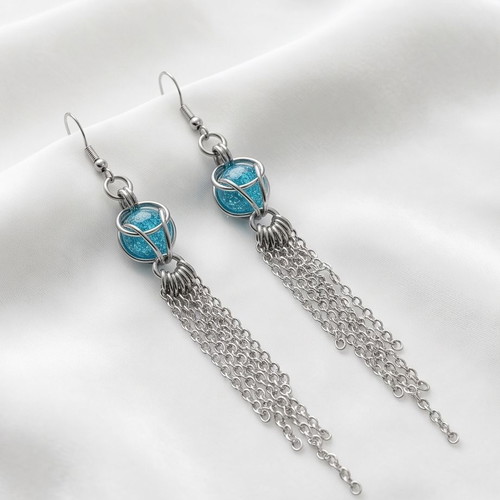 Captured Bead Chain Earrings stainless steel with blue bead, new