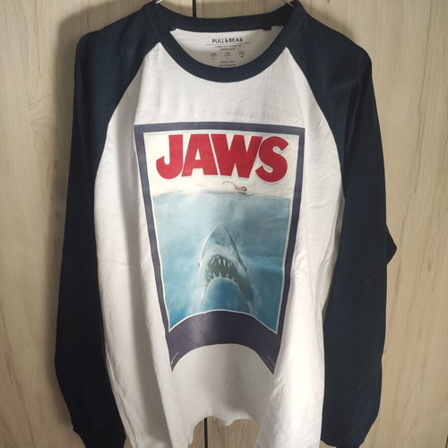 Pull & Bear JAWS long-sleeve raglan T-shirt, white and blue, sizes M-L-XL