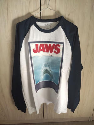 Pull & Bear JAWS long-sleeve raglan T-shirt, white and blue, sizes M-L-XL