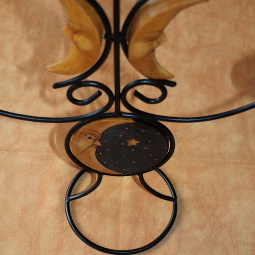 Handmade candle holder 5 candles wood-carved painted sun&moon new
