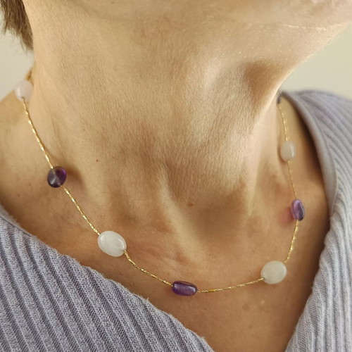 Handmade necklace with pink quartz and amethyst stones new