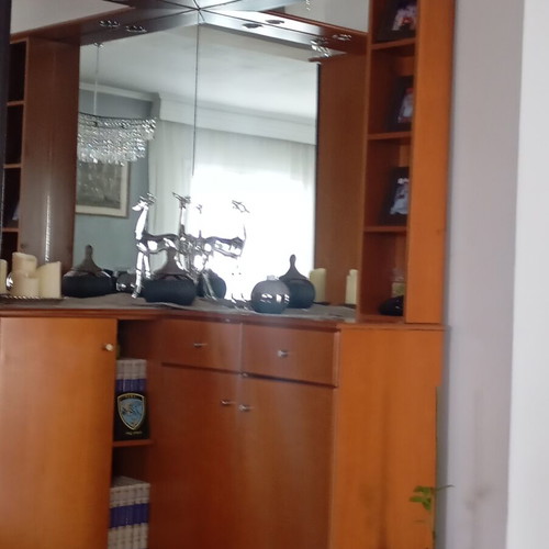 Corner reception furniture with mirror and storage, brown and faux leather