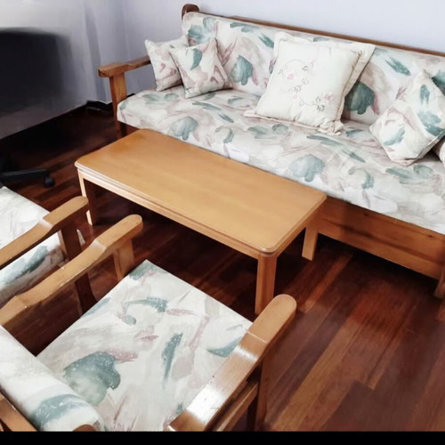 Living room set used with sofa bed, 2 armchairs and wooden coffee table