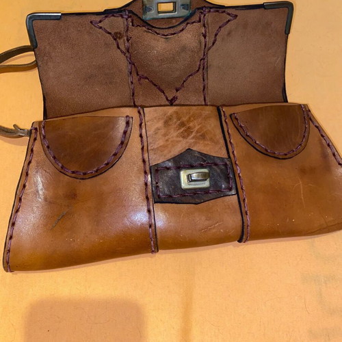 Vintage leather envelope bag for women used, handmade, brown
