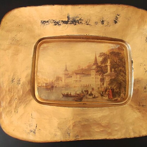 Glass gilded tray with Constantinople depiction, new
