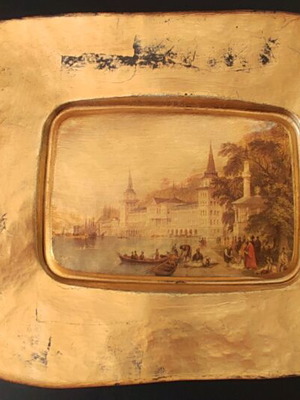 Glass gilded tray with Constantinople depiction, new