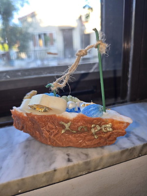 Handmade Candle Boat with 'Χαρά' and Decorative Details