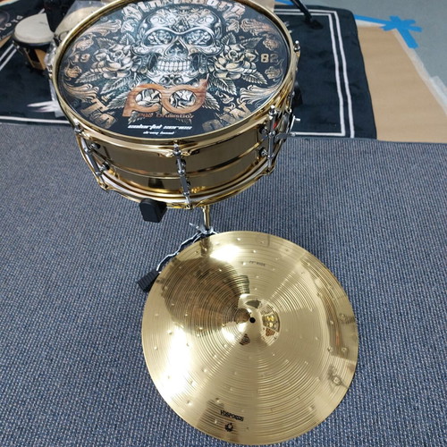 Remo Gold Metal Snare 14"×6.5" new with 20" Turkey Ride, stand, sticks, case