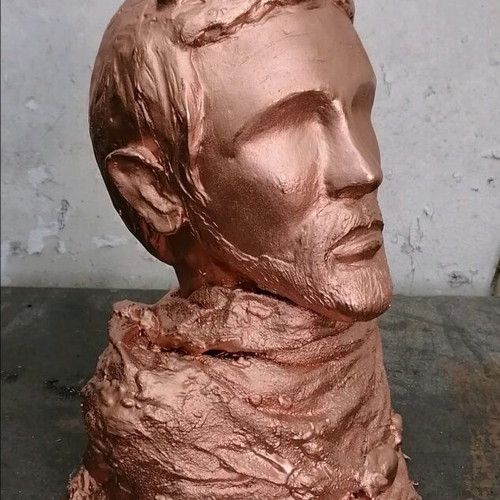 Handmade plaster sculpture with patina, figure with horns 25 cm