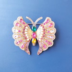 Vintage 70s large butterfly brooch, gold color with sparkling rhinestones