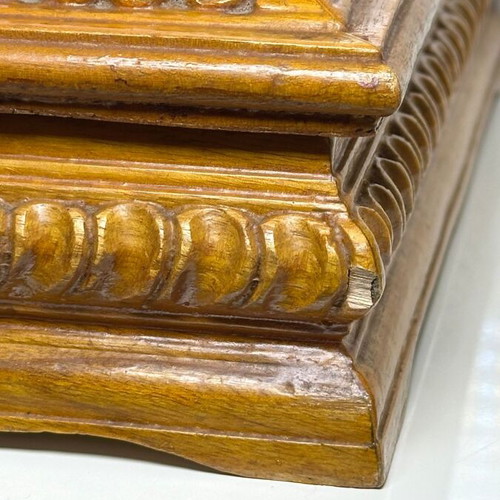 Vintage handmade wooden jewelry box used with carved floral marquetry