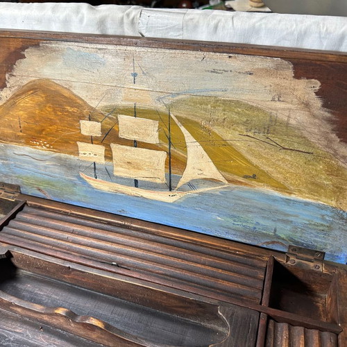 Wooden desk box with painting used, with secret compartments