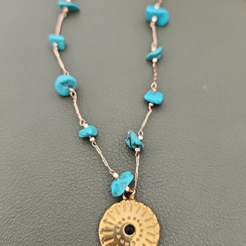 Stainless steel necklace new with turquoise stones and gold pendant summer style