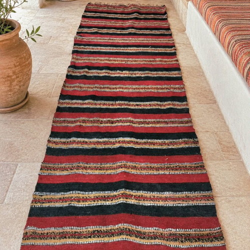 Χειροποίητος μάλλινος διάδρομος Kilim flat weave σαν καινούργιος, 300x82 εκ.