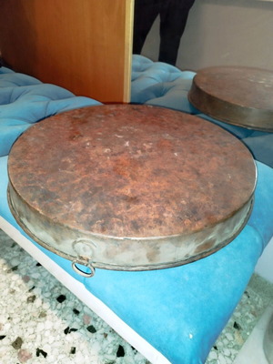 Copper vintage baking tray used, diameter 45 cm