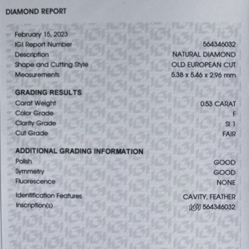 Diamond 0.53ct natural, IGI certified, round brilliant cut