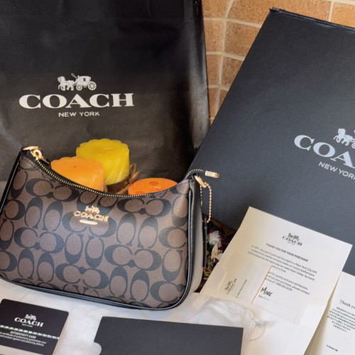 Coach Teri Signature Canvas Shoulder Bag used, dark brown and black