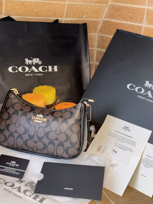 Coach Teri Signature Canvas Shoulder Bag used, dark brown and black