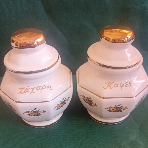 Vintage Handmade Porcelain Coffee and Sugar Canisters GG Set of 2