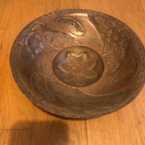 Copper vintage decorative bowl used with engraved floral patterns