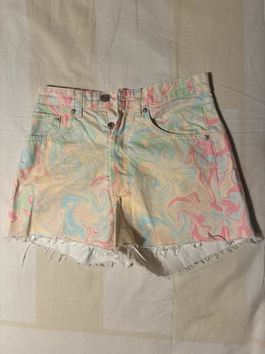 Jeans shorts like new, colorful, modern style with frayed hem