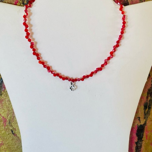 Choker necklace with red crystal beads and silver cross pendant, new