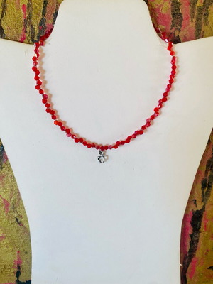 Choker necklace with red crystal beads and silver cross pendant, new