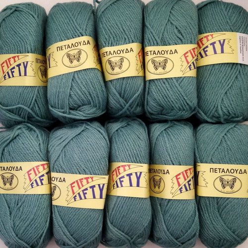 Fifty Fifty knitting yarn set of 10 green, 50% wool 50% acrylic, Petalouda
