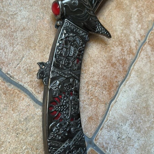 Chinese Decorative Stiletto Knife like new with embossed blade and fish handle