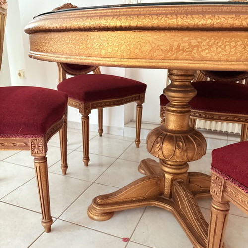 Vintage dining set round table with 6 velvet chairs Louis style like new