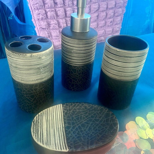 Bathroom set used with soap dish, dispenser, toothbrush holder and cup