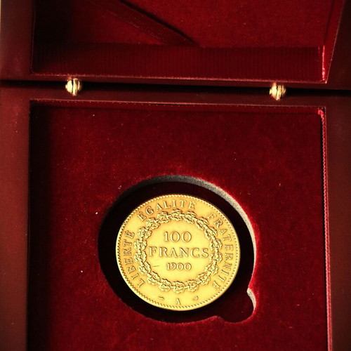 Case with 24K gold-plated 100 Francs French coin new, year 1900