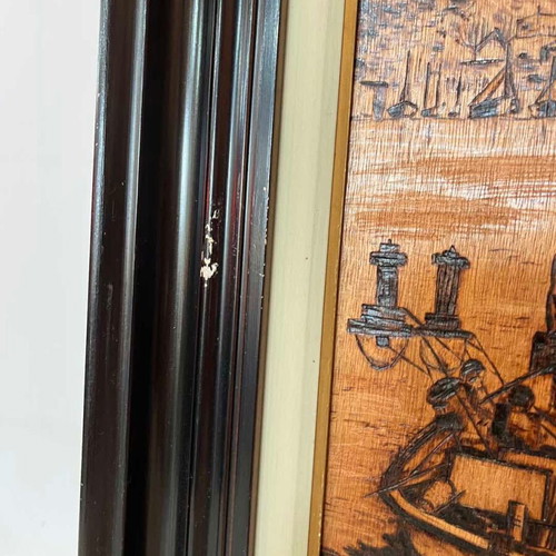 Vintage pyrography wall art with fishermen and artist signature, 45x50