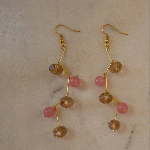 Handmade hanging earrings like new, gold-pink with glass pearls and crystals
