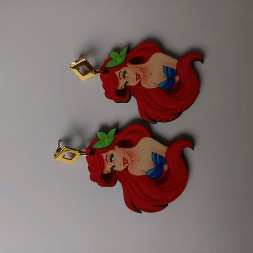 Wooden Disney Ariel earrings new, red color