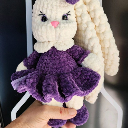 Handmade plush bunny 27 cm new with purple dress
