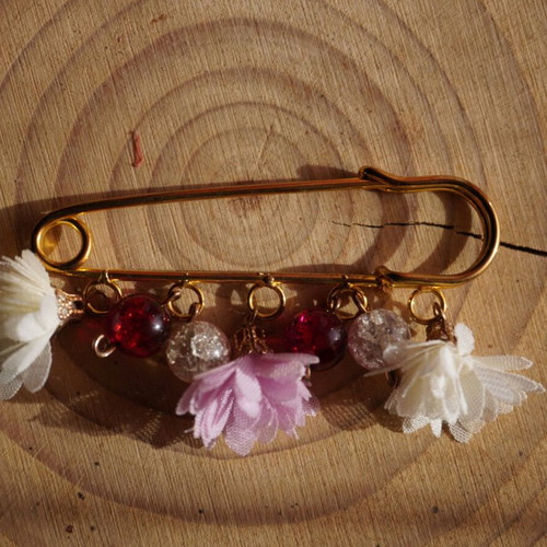 Handmade brooch with dangles in pink and white shades new