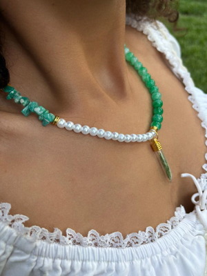 Handmade terrarium necklace with pearl bead and amazonite
