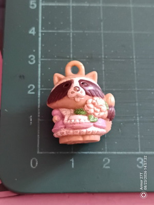 Charmkin Rosie Raccoon figure in pink dress with flowers, vintage Hasbro charm