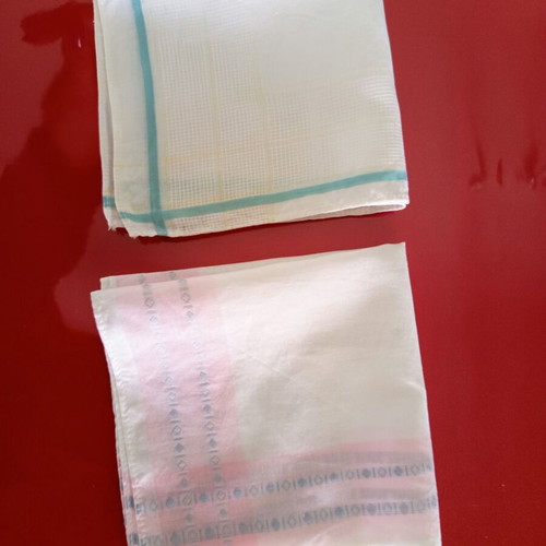 Set of 2 vintage women's handkerchiefs used with pink and aqua stripes