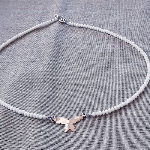 925 Silver Bat Necklace with White Crystals, Handmade