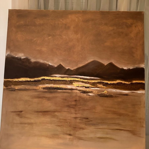 Painting on canvas used, oil paint, 100x100 cm, dark brown and gold